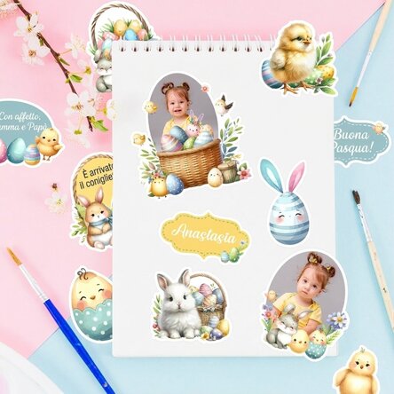 Set di adesivi (etichette autoadesive) personalizzati con foto e testo - Buona Pasqua!