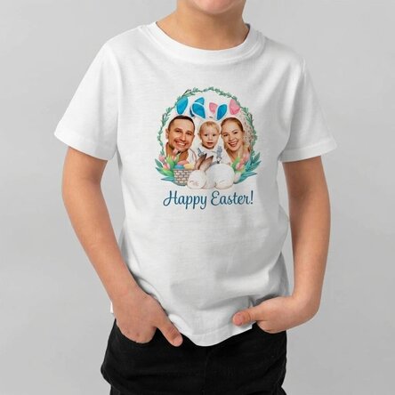Maglietta in cotone per bambini personalizzata con una foto e un messaggio - Buona Pasqua!