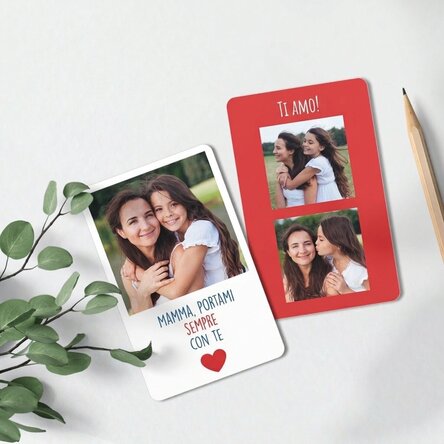 Tessera in alluminio personalizzata fronte-retro con 3 foto e un messaggio
