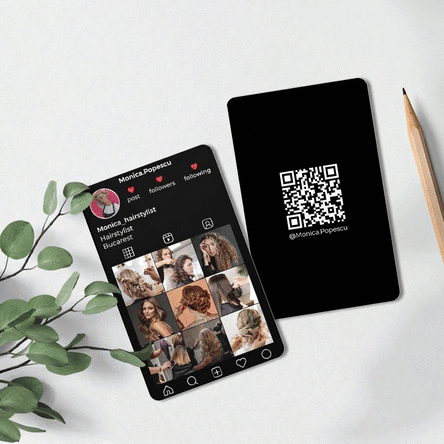 Biglietto da visita personalizzato in alluminio, fronte-retro, con codice QR, testo e foto - Instagr