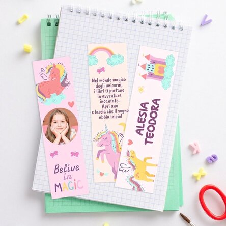 Set di 3 segnalibri personalizzati con foto, nome e testo - Unicorni