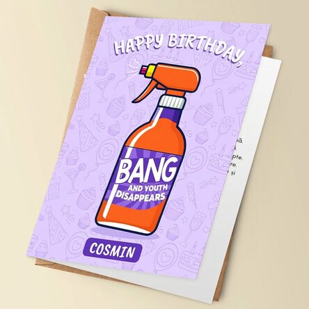 Personalised greeting card with text - BANG! And youth disappears