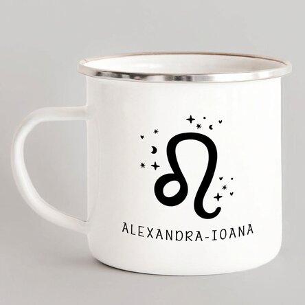 Tazza in metallo smaltato personalizzata con messaggio - Segno zodiacale Leone