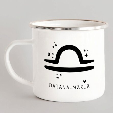 Tazza in metallo smaltato personalizzata con messaggio - Segno zodiacale Bilancia