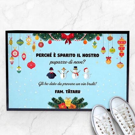 Tappetino d'ingresso personalizzato con testo e motivo natalizio - Il pupazzo di neve