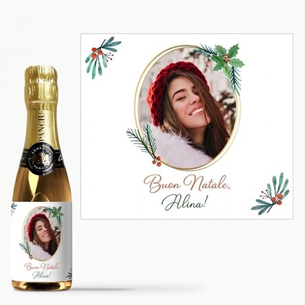 Mini bottiglia di spumante personalizzata con foto e messaggio natalizio