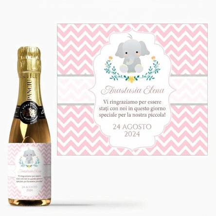 Mini bottiglia di spumante personalizzata con dedica per il battesimo - Elefante
