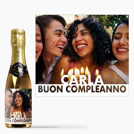 Mini bottiglia di spumante personalizzata con foto e nome per il compleanno
