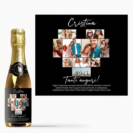 Mini bottiglia di spumante personalizzata con 11 foto e un messaggio
