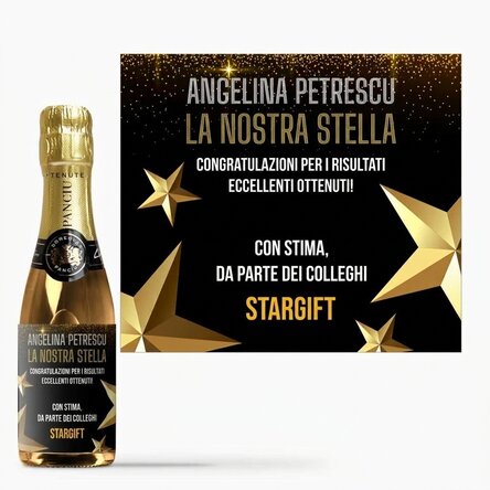 Mini bottiglia di spumante personalizzata con una dedica per il pensionamento