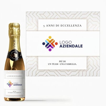 Mini bottiglia di spumante personalizzata con scritta, versione bianca - Anniversario del marchio