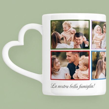 Tazza personalizzata con 8 foto e testo - modello con manico a forma di cuore