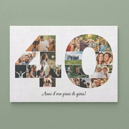 Quadro su tela personalizzato in formato orizzontale con 18 foto, modello n. 40 e messaggio di testo