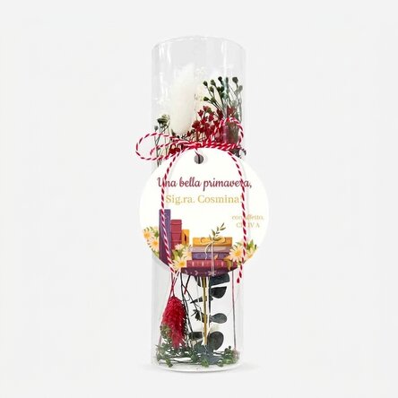 Ciondolo Martisor in vetro con fiori stabilizzati, personalizzato con una dedica per la maestra