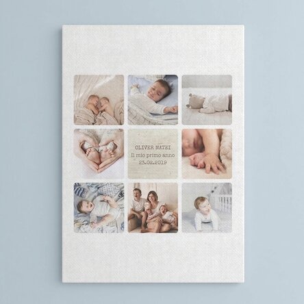 Quadro su tela personalizzato con testo e 8 foto - Il primo anno del bambino
