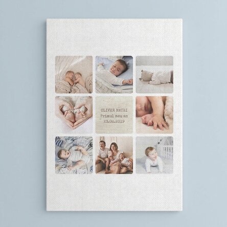 Quadro su tela personalizzato con testo e 8 foto - Il primo anno del bambino