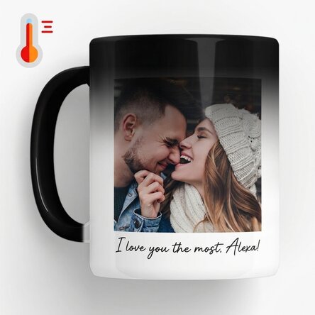 Thermosensitive mug personalised with a photo, message and QR code