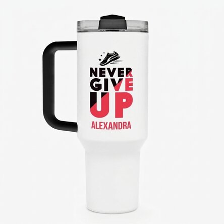 Tazza termica con manico e cannuccia personalizzata con nome - Never give up