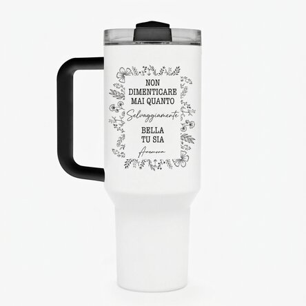 Tazza termica con manico e cannuccia personalizzata con scritta - Flower frame