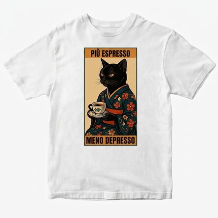 Maglietta in cotone personalizzata con la scritta "More espresso, less depresso"