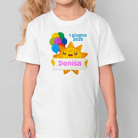 Maglietta in cotone per bambini personalizzata con messaggio - Sole e palloncini colorati