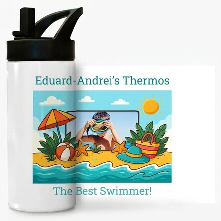 Thermos with handle and straw, personalised with photo and message for children - Summer holidays