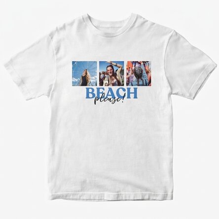 Maglietta in cotone personalizzata con 3 foto e un messaggio - Beach, please!