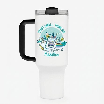 Thermos mug with handle and straw, personalised with message - Pupil