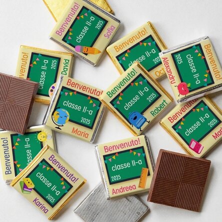 Set di 10 mini cioccolatini personalizzati con la scritta "Benvenuto!"
