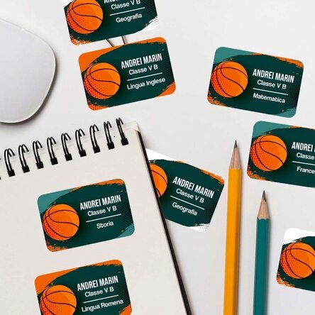 Set di 8 adesivi (etichette autoadesive) personalizzati per la scuola - Basket