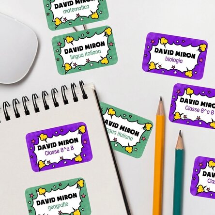 Set di 8 adesivi (etichette autoadesive) personalizzati per la scuola - Fumetti