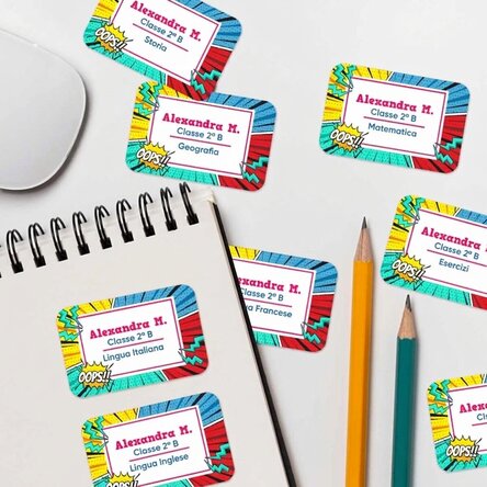 Set di 8 adesivi (etichette autoadesive) personalizzati con testo - Fumetti