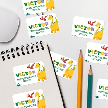 Set di 8 adesivi (etichette autoadesive) personalizzati per la scuola - Dino