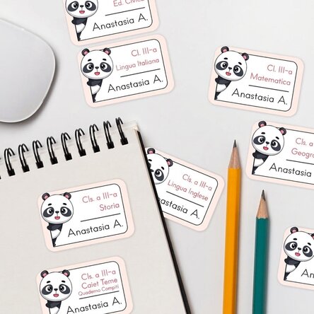 Set di 8 adesivi (etichette autoadesive) personalizzati per la scuola - Panda