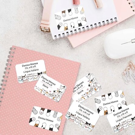 Set di 8 adesivi (etichette autoadesive) personalizzati per la scuola - Kitty