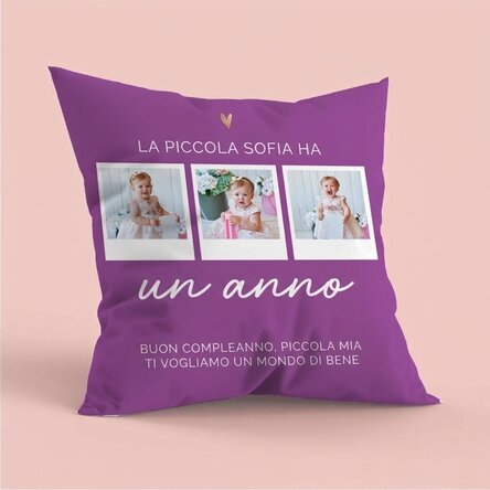 Cuscino personalizzato con 3 foto e un messaggio - Compleanno del bambino