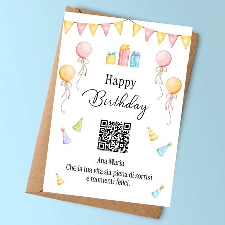 Biglietto personalizzato con testo e codice QR - Buon compleanno!