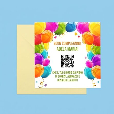 Biglietto quadrato personalizzato con testo e codice QR - Buon compleanno!