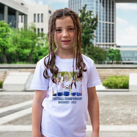 Maglietta sportiva per bambini personalizzata con una foto e una scritta