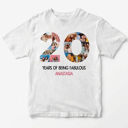 Personalised cotton T-shirt with 12 photos and a message – 20 years