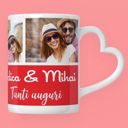 Tazza personalizzata con 3 foto e testo - modello con manico a forma di cuore