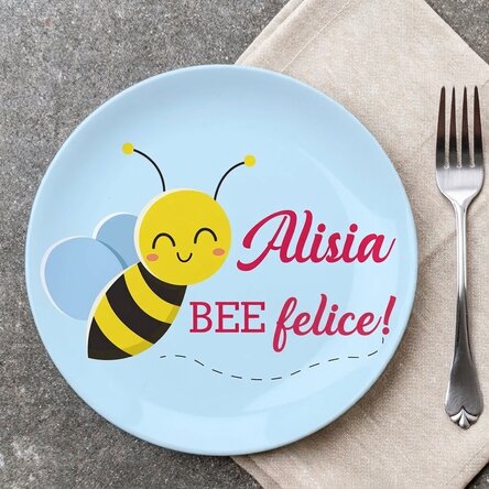 Piatto personalizzato con la scritta "Bee happy!"