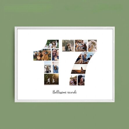 Quadro paesaggistico personalizzato con 13 foto del modello n. 17 e un messaggio di testo