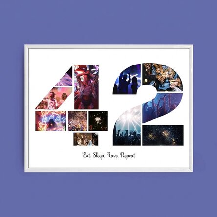 Personalised landscape canvas with 12 photos, model number 42, and text message