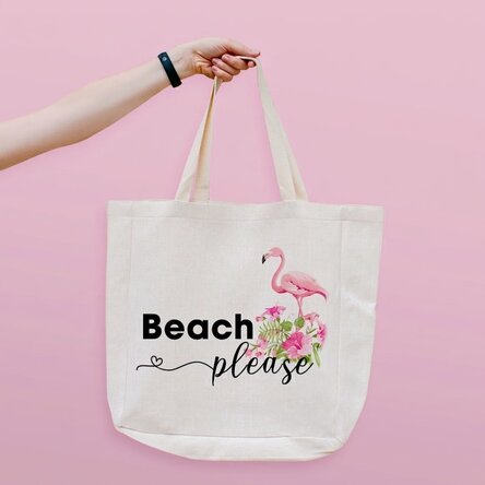 Borsa da spiaggia personalizzata con scritta - Modello "Beach please" con fenicotteri
