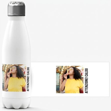 Thermos con base bianca personalizzato con una foto e una scritta