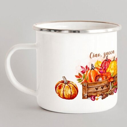Tazza in metallo smaltato con scritta - Hello, pumpkin