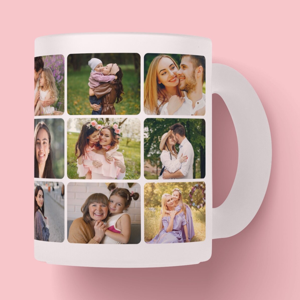 Tazza in vetro opaco personalizzata con un collage di 18 foto