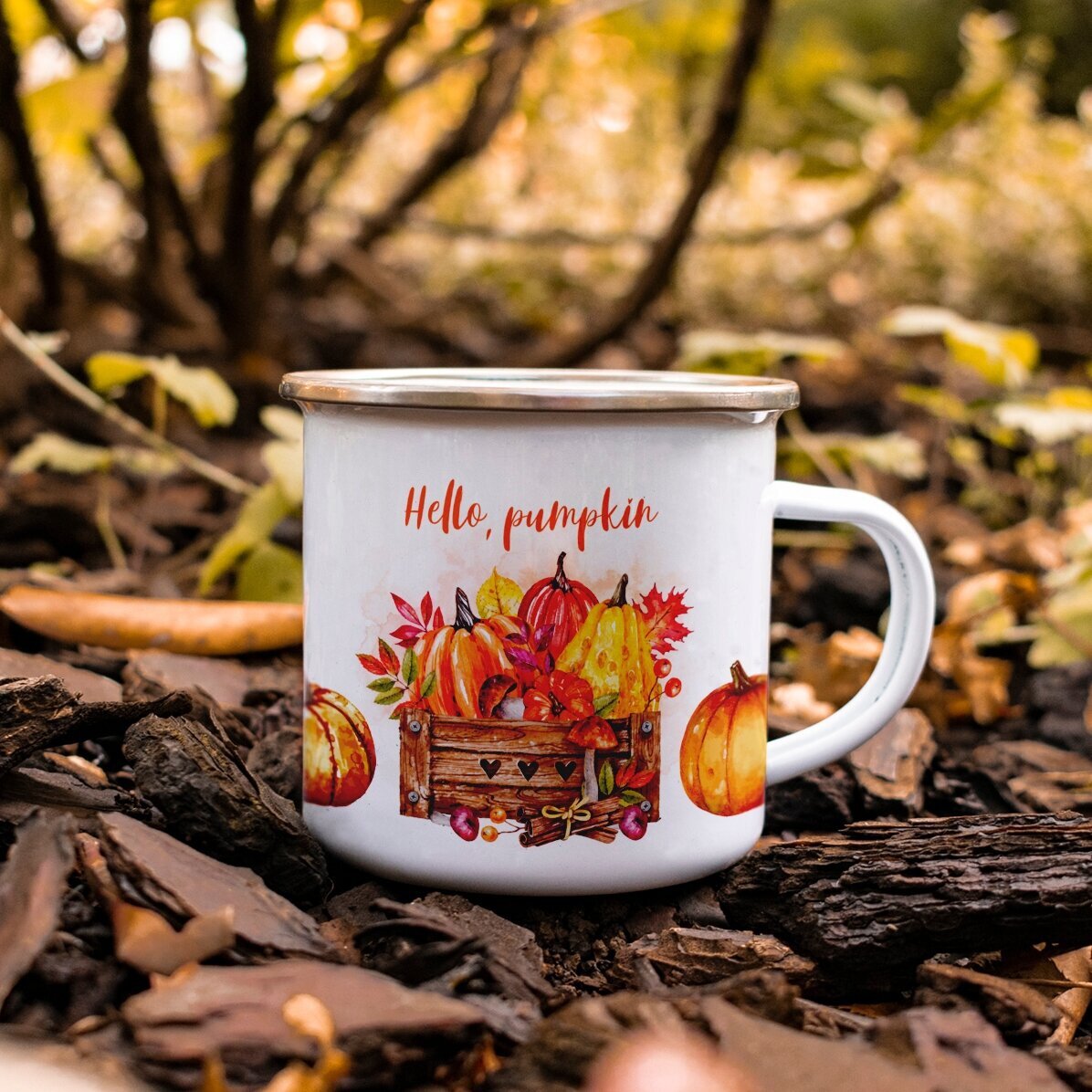 Tazza in metallo smaltato con scritta - Hello, pumpkin