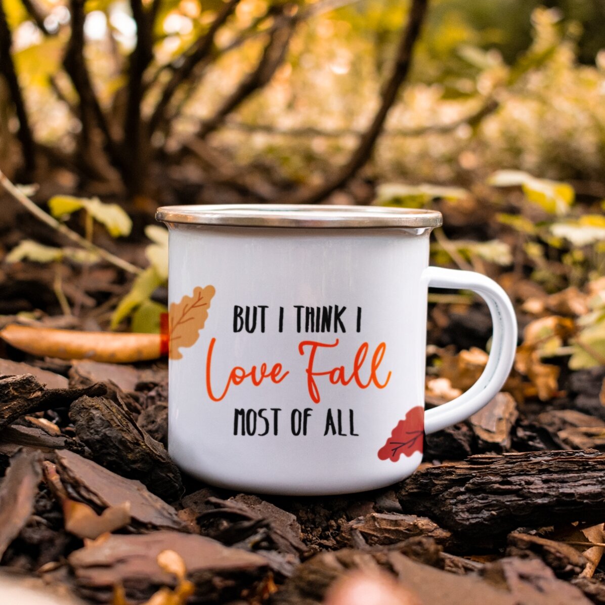 Tazza in metallo smaltato con scritta - I love fall